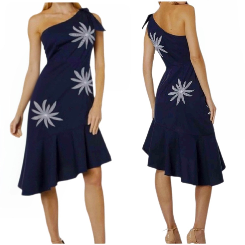 Milly Beatrice Navy Blue One Shoulder Embroidered Midi Dress Size 4 - Picture 4 of 9